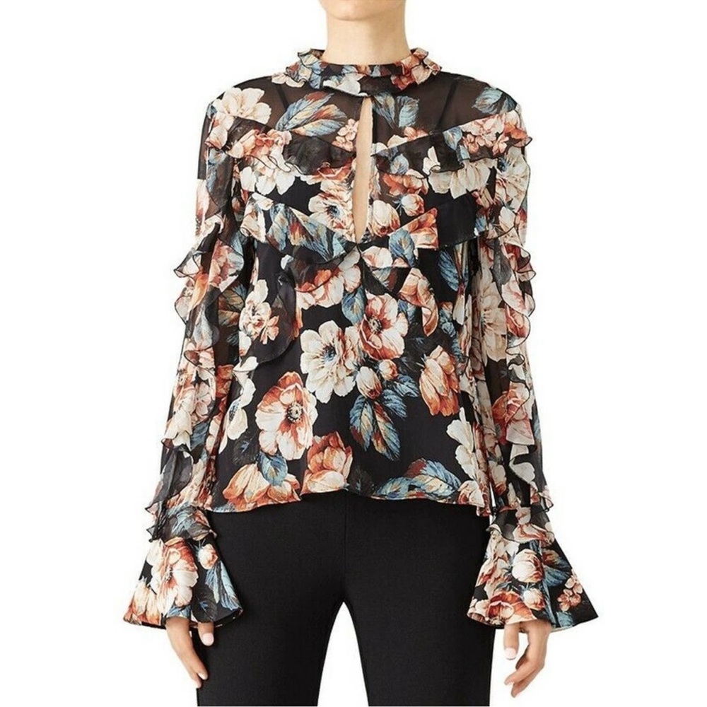 Nicholas Keyhole Silk Long Sleeve Floral Ruffled Blouse - Picture 2 of 6